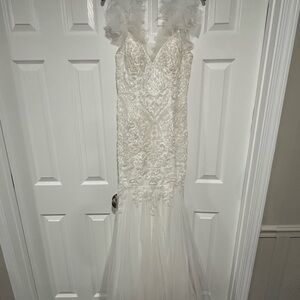 Lulu’s White Beaded Tulle Trumpet Dress (with added fringe sleeves)